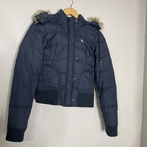 VTG Abercrombie & Fitch Cropped Jacket M Y2K Blue Faux Fur Trim Hood Down Puffer